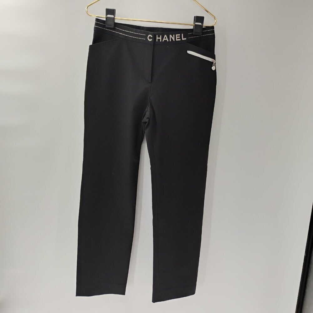 black womens dress pants straight‎ cut chanel brand sz10 with silver thread - Picture 2 of 13